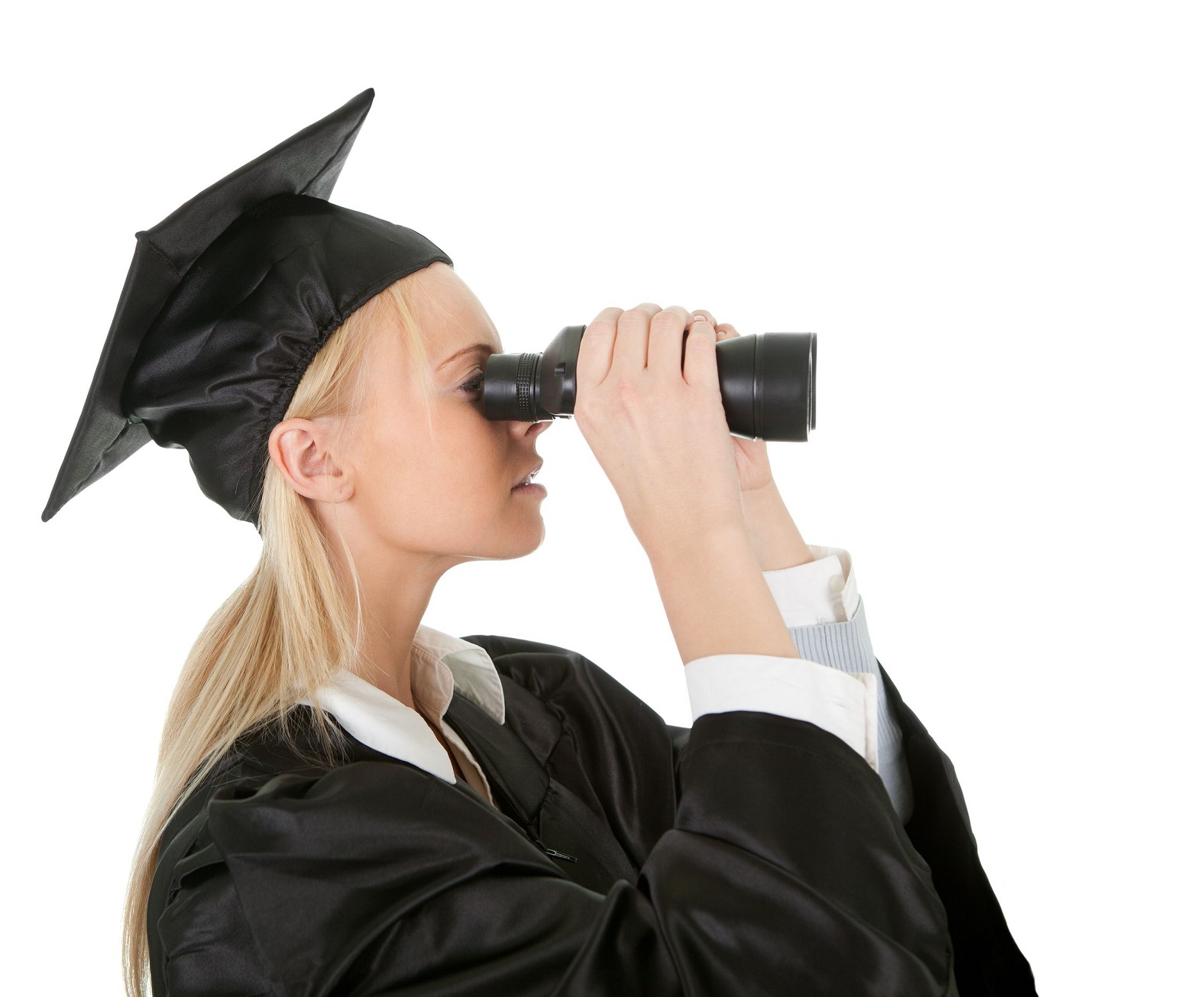/Woman with graduation cap and gown looking through binoculars