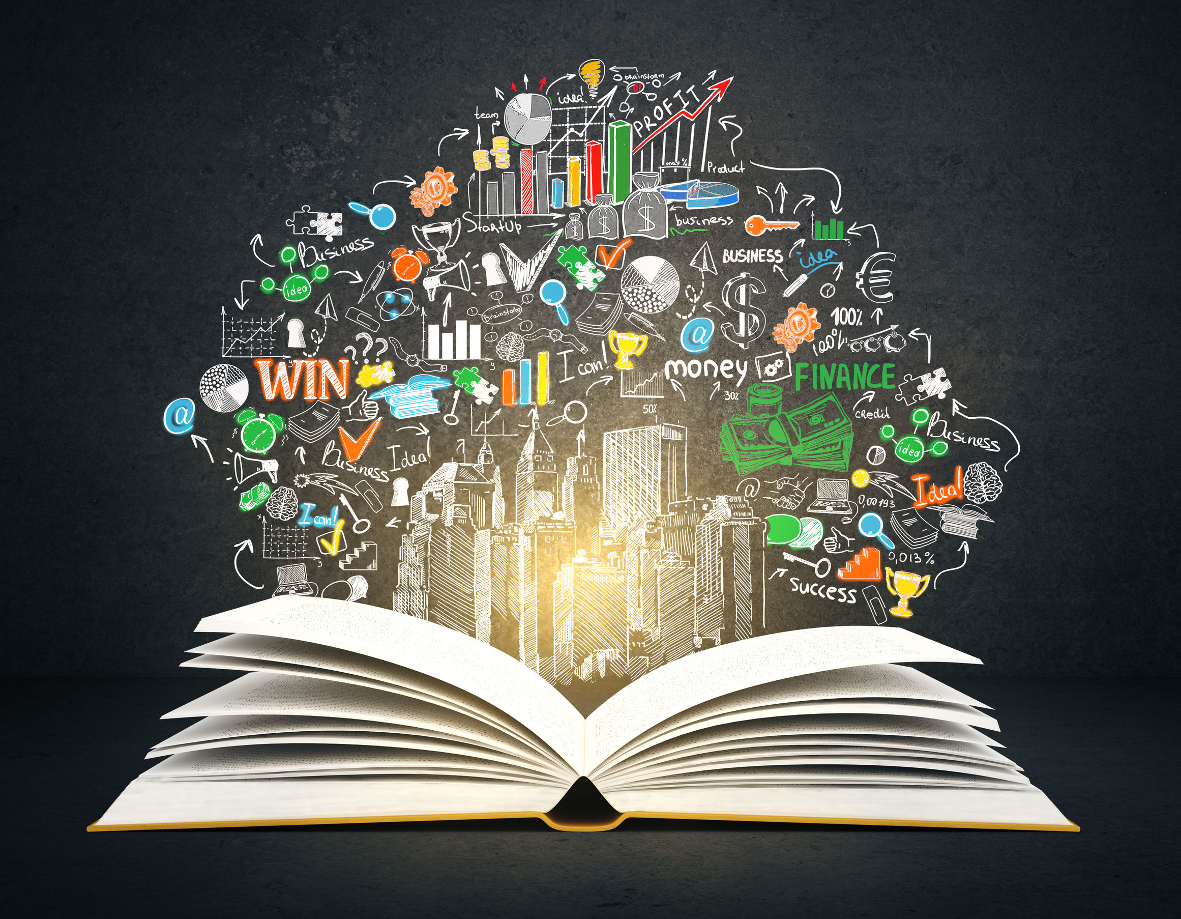 open book with creative business sketch on dark concrete background. (illustration for popular majors)