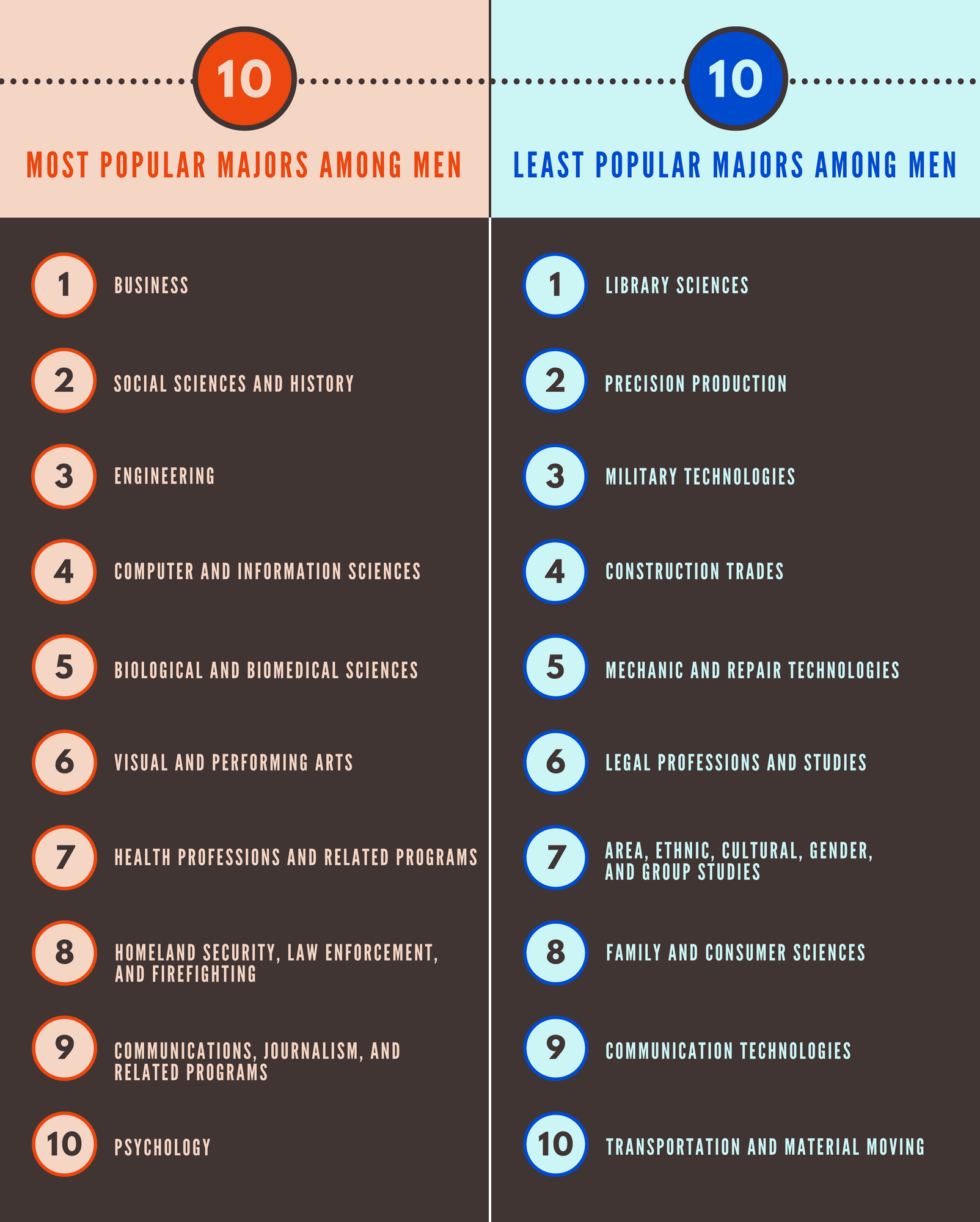 The most and least popular majors among men