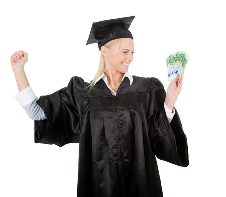 female graduate student holding money - find scholarship concept